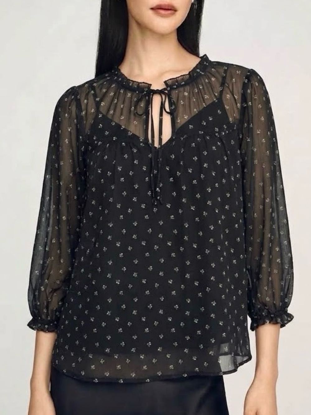 Abercrombie & Fitch Sheer Black Ditsy Floral Peasant Blouse with Cami Size M